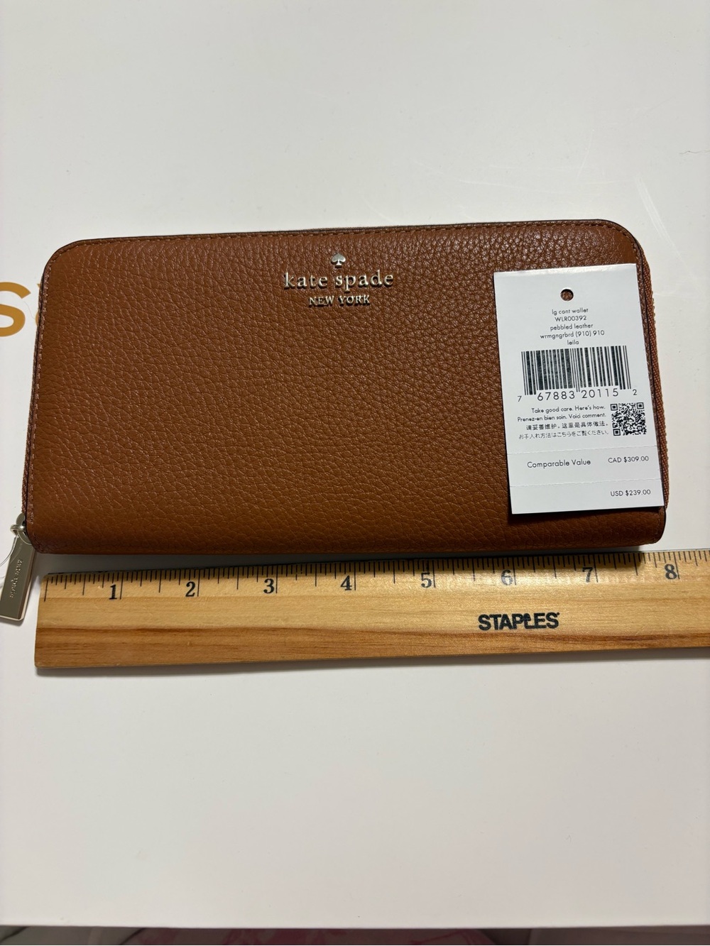 kate spade Brown Pebbled Leather Zip Wallet with Gold Hardware